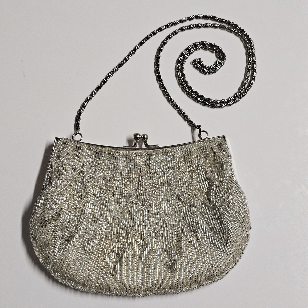 La Regale LTD Hand Beaded Evening Bag Silver Clutch Purse Handmade in Macau